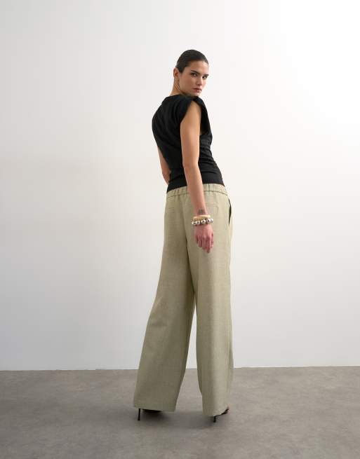 Topshop - Elegante effen elastische broek met textuur in stone, 3 van 5