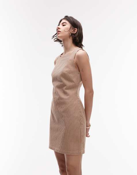 Topshop - Elegante gestreepte denim jurk met vierkante hals in bruin - view 1