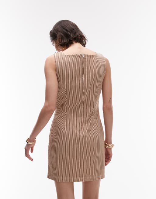Topshop - Elegante gestreepte denim jurk met vierkante hals in bruin, 4 van 4