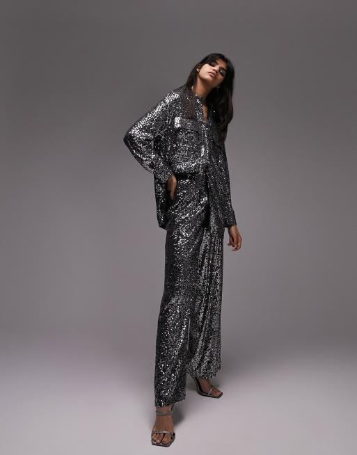 Topshop – Elegante Hemdjacke mit Mini-Paillettenbesatz in Silber, Kombiteil, 2 von 4