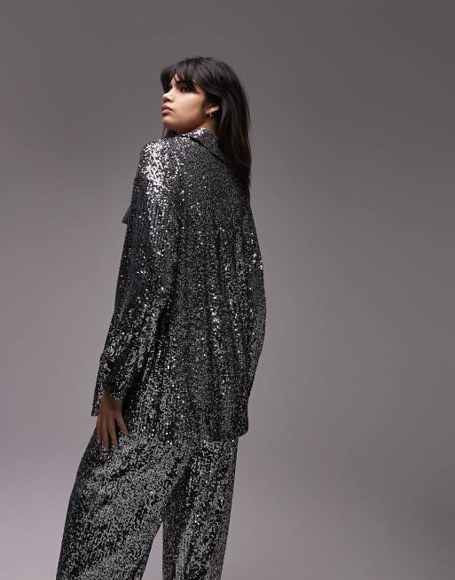Topshop – Elegante Hemdjacke mit Mini-Paillettenbesatz in Silber, Kombiteil, 4 von 4