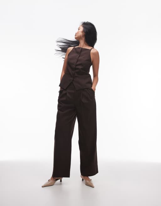 Topshop - Elegante joggingbroek met geplooide voorkant in chocoladebruin met krijtstreep