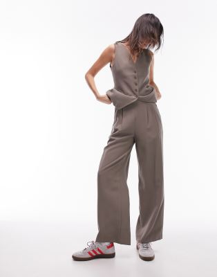 Topshop - Elegante, weiche Hose mit Knopfdetail in Nerzbraun mit hohem Bund, Kombiteil-Grau