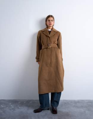 Topshop - Eleganter Longline-Mantel in Kamelbraun mit Wollanteil und Gürtel-Neutral