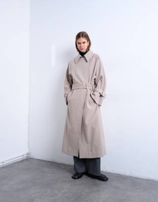 Topshop - Eleganter, schlichter Oversize-Trenchcoat mit tiefem Armausschnitt in Stein-Neutral