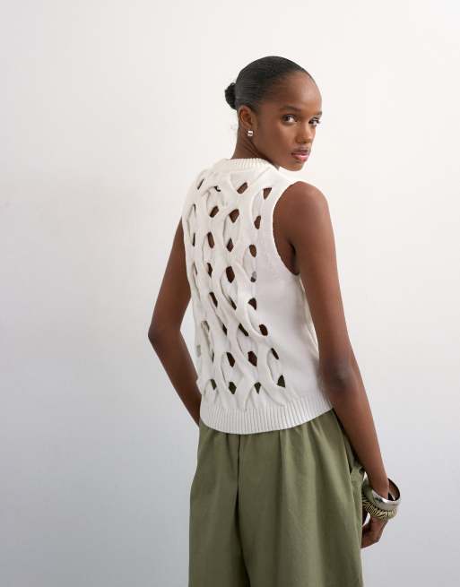 Topshop - Elfenbensfarvet tanktop i strik med 3D-effekt, 4 af 4
