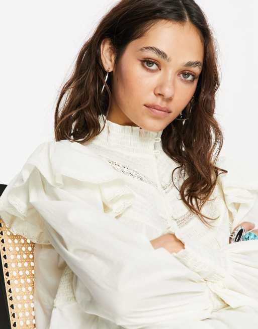 Topshop - Elfenbensfarvet top med flæser og knapper, 3 af 4