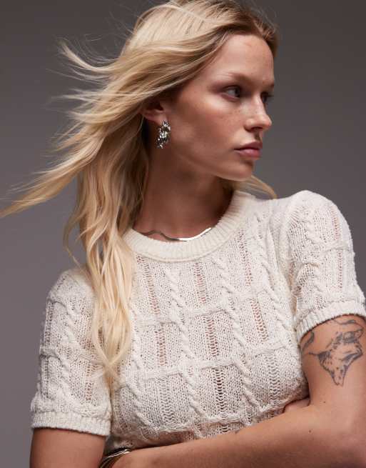 Topshop - Elfenbenshvid, kabelstrikket og ternet T-shirt