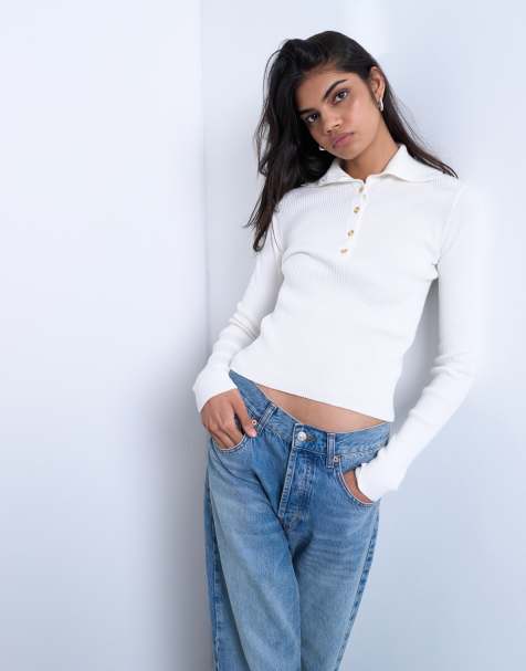 Topshop - Elfenbenshvid ribstrikket polotop med krave - view 1