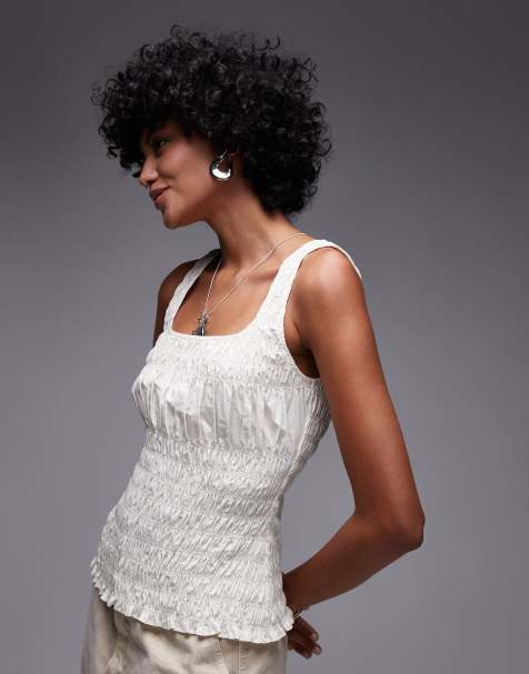 Topshop - Elfenbenshvid ærmeløs top med rynker i poplin - view 1