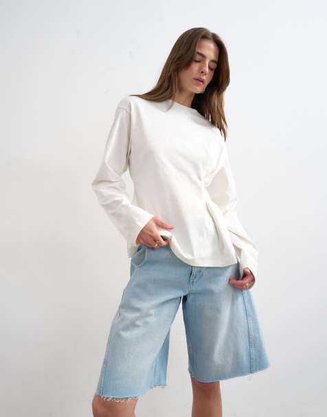 Topshop - Elfenbenshvid T-shirt med lange ærmer og indsyet talje - view 1