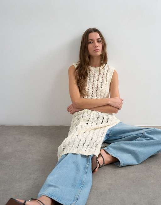 Topshop – Elfenbensvit, hålstickad, ärmlös klänning med textur, 2 av 4