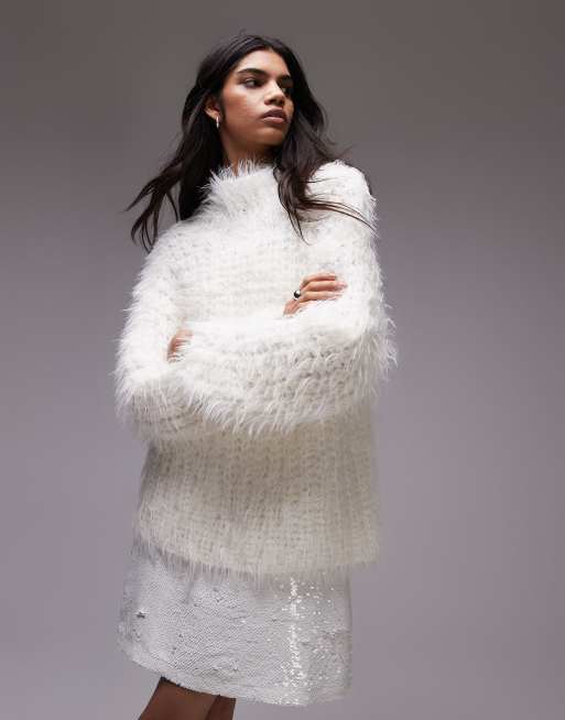 Topshop – Elfenbensvit, handstickad, fluffig tröja i oversize, 2 av 4