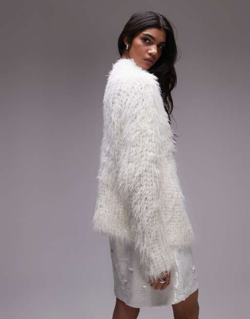 Topshop – Elfenbensvit, handstickad, fluffig tröja i oversize, 4 av 4