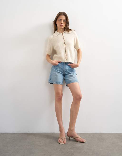 Topshop – Elfenbensvit, stickad kofta med halvlånga ärmar och krage, 3 av 4