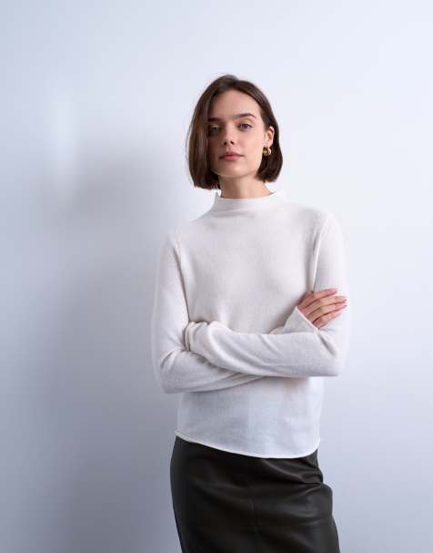 Topshop – Elfenbensvit, stickad, skir tröja med hög halsringning - view 1