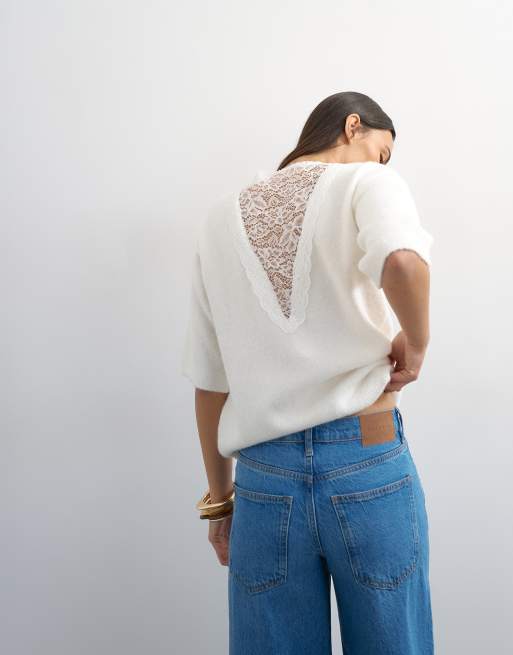 Topshop – Elfenbensvit, stickad tröja med korta ärmar och spets baktill, 3 av 4