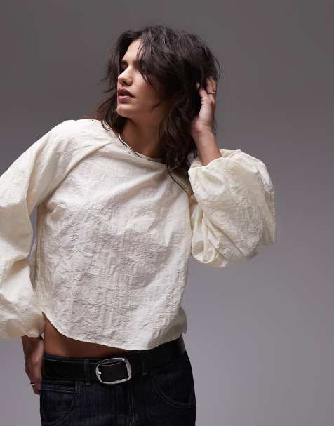 Topshop – Elfenbensvit topp i jacquard med ballongärmar - view 1