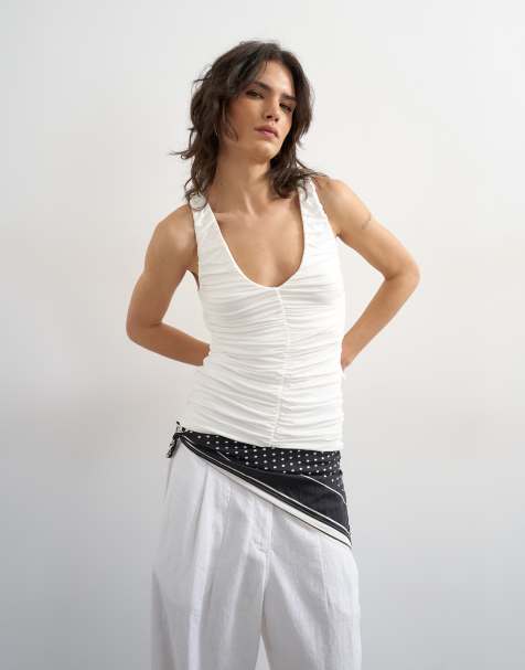 Topshop – Elfenbensvitt, rynkat linne med v-ringning - view 1