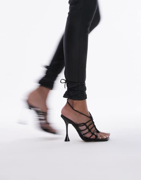 Topshop Ella caged heeled sandal with ankle tie in black - view 1