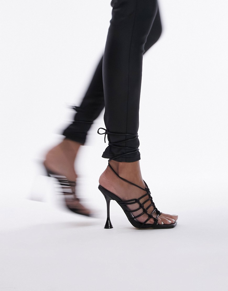 Topshop Ella caged heeled sandal with ankle tie in black