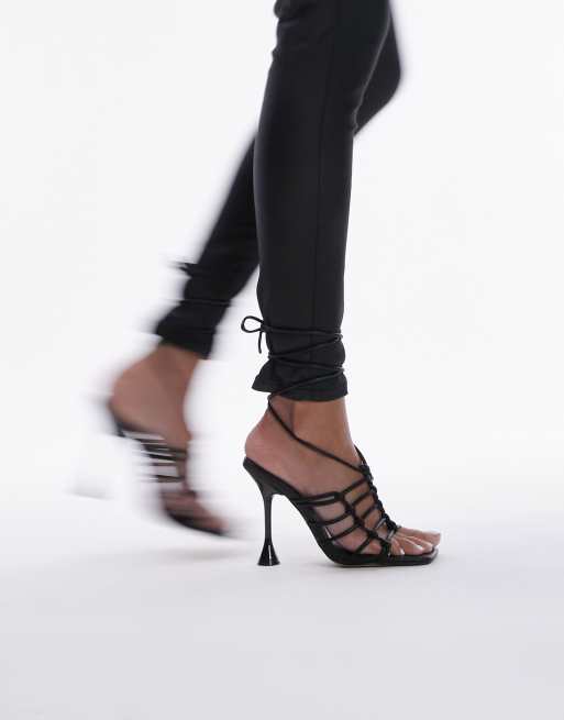 Topshop Ella caged heeled sandal with ankle tie in black | ASOS