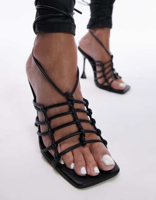 Topshop Ella caged heeled sandal with ankle tie in black | ASOS