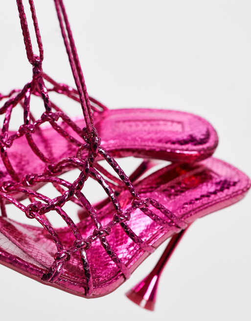 Topshop Ella caged heeled sandals with ankle tie in metallic pink