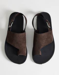 Model wearing Ella leather toe loop sandal in chocolate 