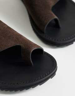 Model wearing Ella leather toe loop sandal in chocolate 