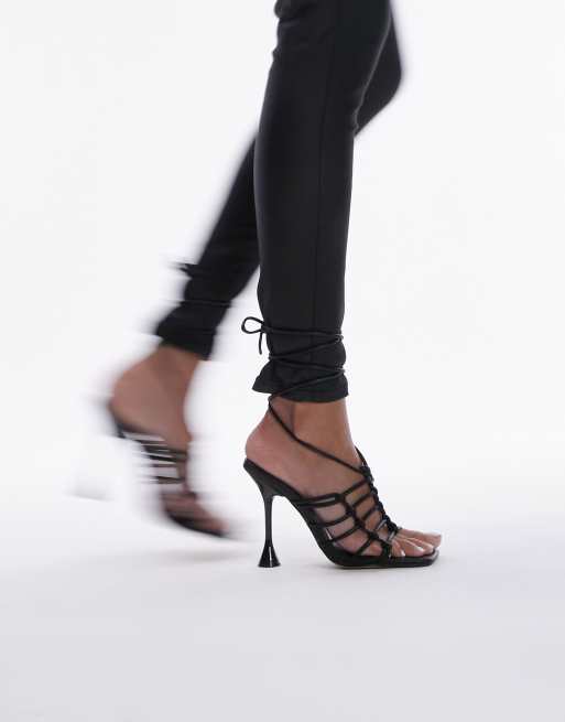 Topshop - Ella - Sandalen met hak, dunne bandjes en enkelbandje in zwart