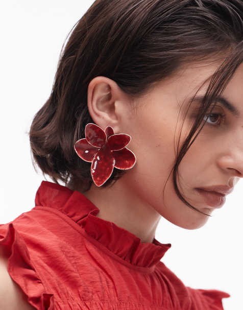 Topshop - Ellie - Røde statement-øreringe med orkidé-design - view 1