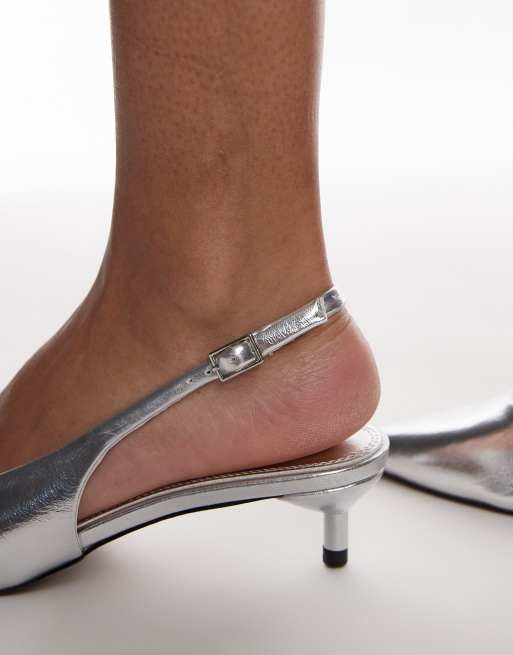 Topshop Ellie slingback mid heel court shoes in silver, 2 of 4