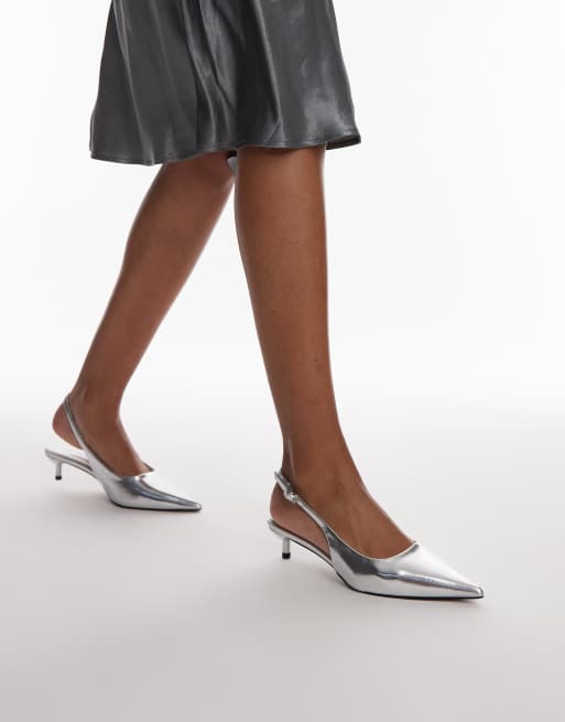 Topshop Ellie slingback mid heel court shoes in silver, 4 of 4