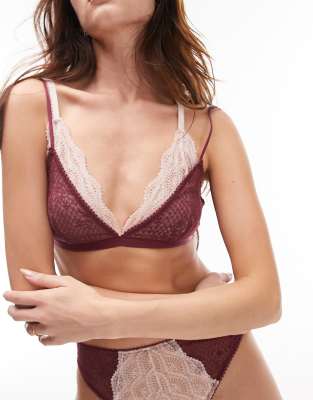 Topshop Eloise Lace Triangle Bra In Burgundy And Pink