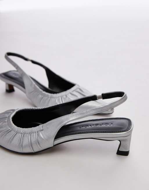 Topshop - Ely - Slingbackschoenen met halfhoge hak en rimpeleffect in zilver, 2 van 4