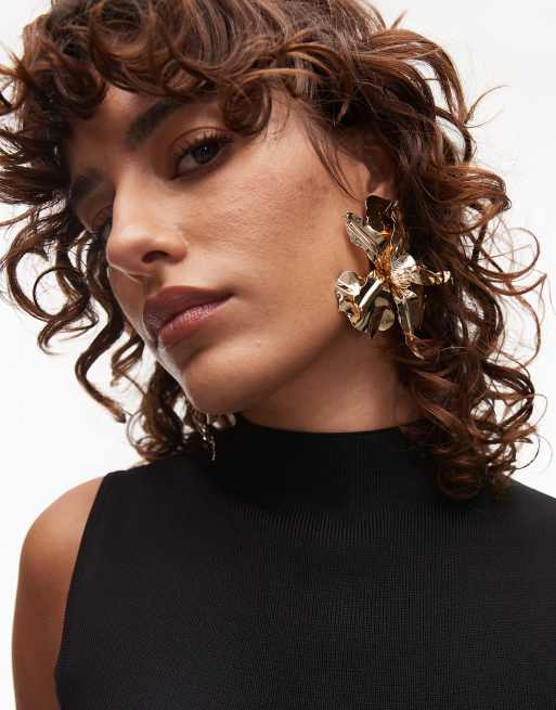 Topshop Em statement floral earrings in gold