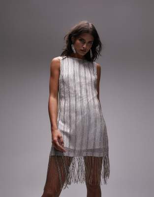 Topshop Long Sleeved Chevron Beaded Fringe Mini Dress in Silver