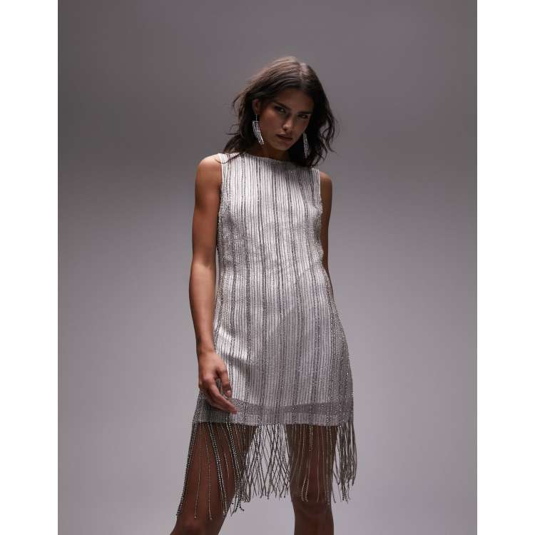 Topshop embellished diamante fringe detail mini dress in ivory ASOS