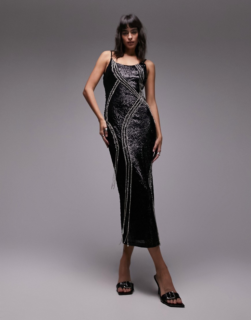 Topshop Embellished Diamante Midi Dress In Black