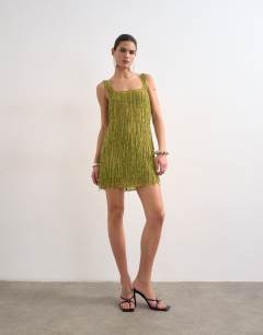 Model wearing Embellished fringing mini dress in green