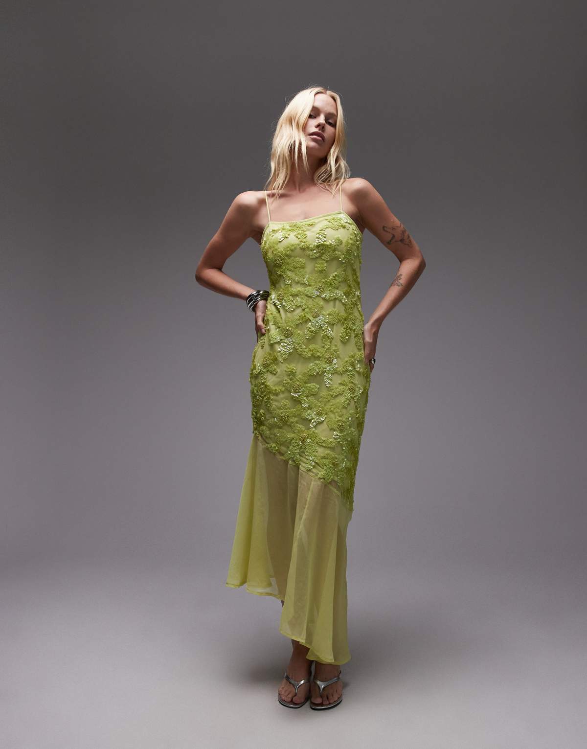 Topshop embellished godet hem cami dress in lime green