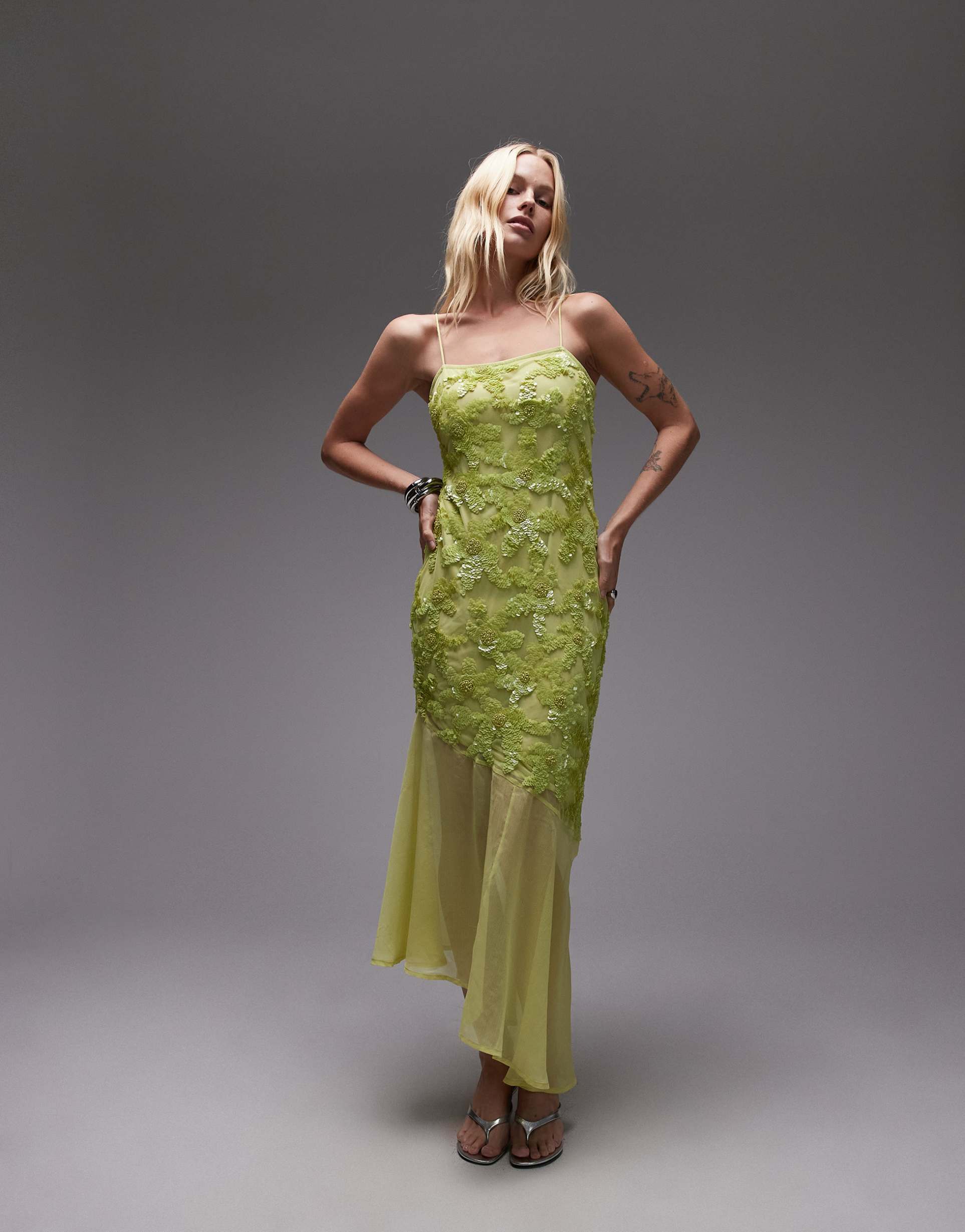 topshop embellished godet hem cami dress in lime green