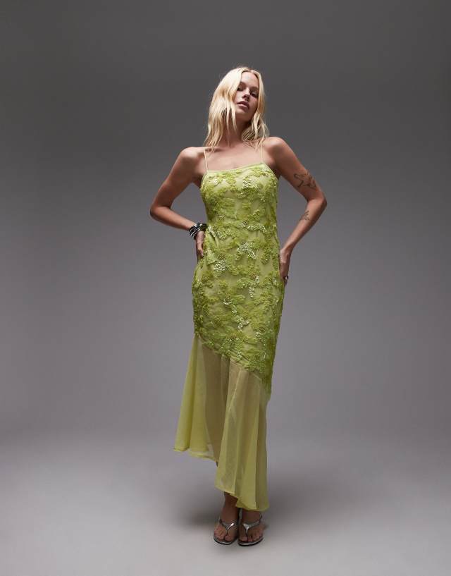 Topshop embellished godet hem cami dress in lime green