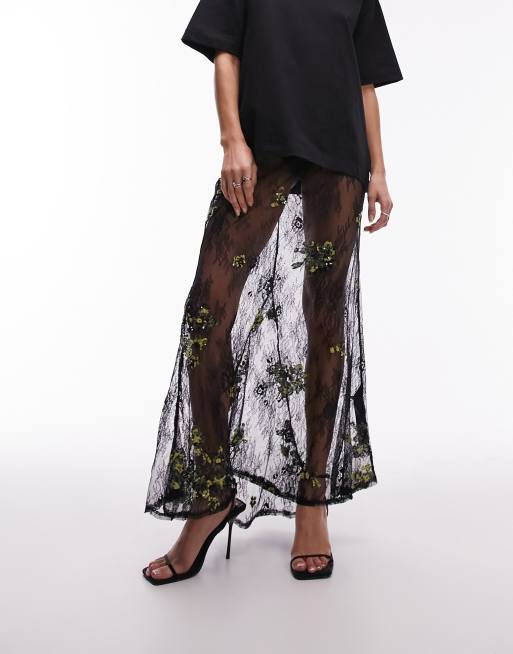 Shape Black Lace Sheer Low Rise Maxi Skirt