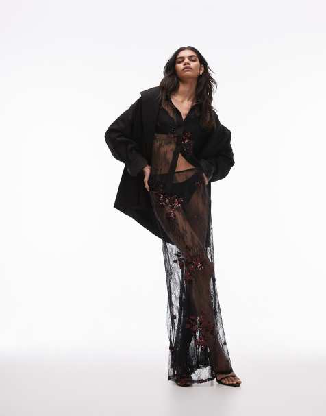 Topshop embellished lace maxi skirt in black with burgundy sequins (part of a set) - view 1