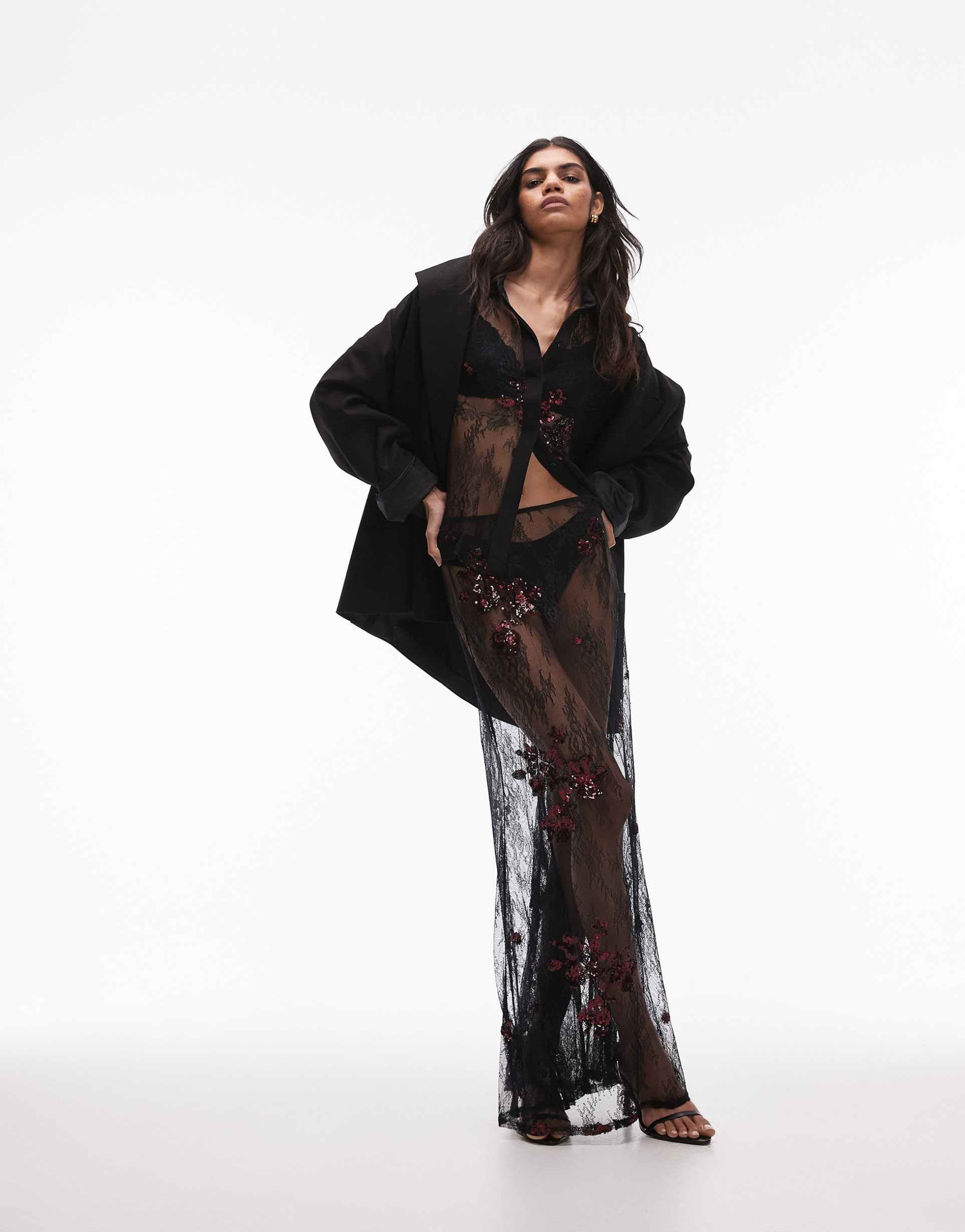 topshop embellished lace maxi skirt in black with burgundy sequins - part of a set