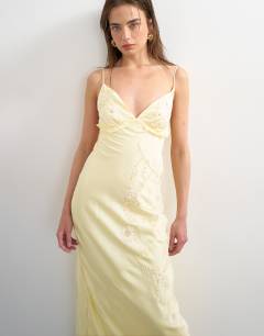 Embellished raffia slip dress with frill in yellow
