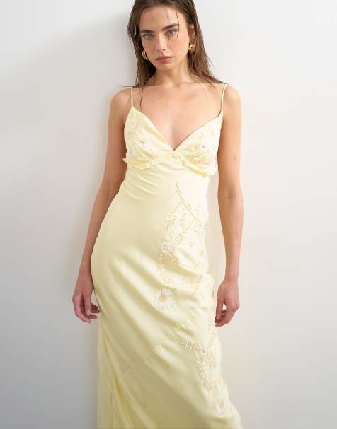 Topshop embellished raffia slip dress with frill in yellow