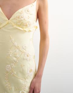 Model wearing Embellished raffia slip dress with frill in yellow